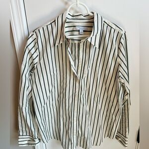 Ann Taylor Weekend Cream Shirt with Dark Green Stripes SZ L